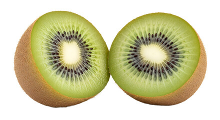Fototapeta premium A vibrant, close-up captures the juicy, green interior of a kiwi fruit sliced in half, revealing its dark seeds.