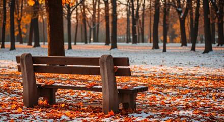 Autumn Park Bench Fallen Leaves and Forest Scenery