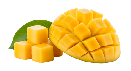 A delectable, ripe mango halved, and cubed, with a vibrant green leaf adding freshness to the tropical fruit.
