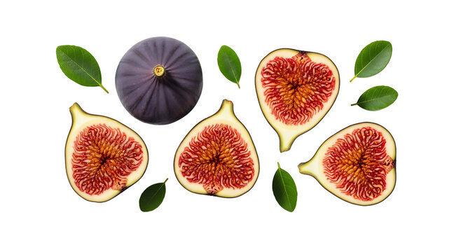 A vibrant arrangement of figs, both whole and halved, showcases the fruit's rich color and texture, alongside fresh leaves. - Powered by Adobe