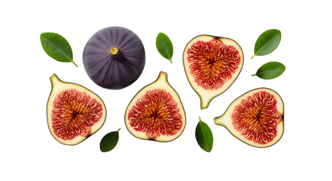 A vibrant arrangement of figs, both whole and halved, showcases the fruit's rich color and texture, alongside fresh leaves.