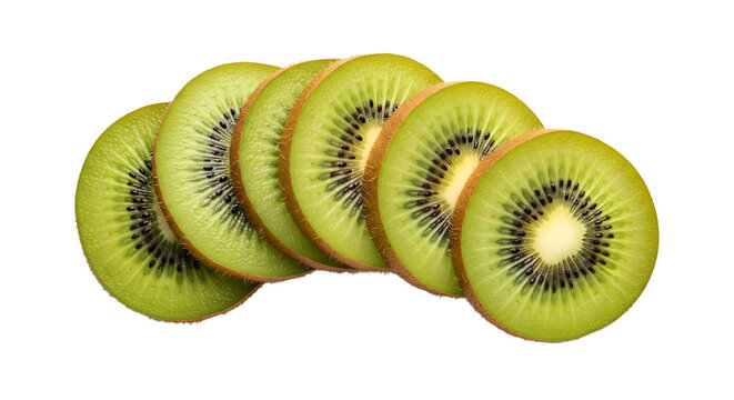 Macro shot of six kiwi fruit slices arranged in a row, showcasing their vibrant green flesh and black seeds.