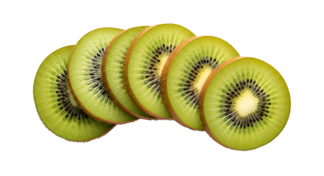 Macro shot of six kiwi fruit slices arranged in a row, showcasing their vibrant green flesh and black seeds.