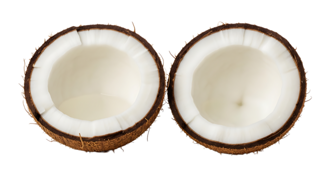 An overhead shot presents two halves of a fresh, ripe coconut against a transparent background, ideal for health-conscious content.