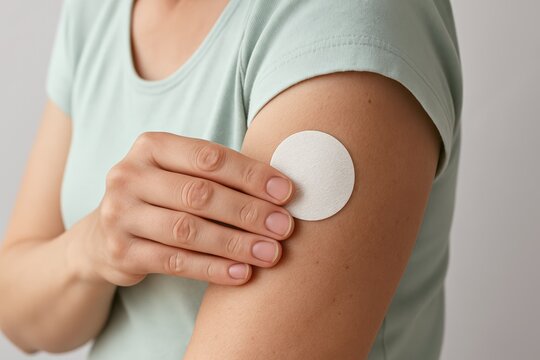Female applies discreet round hormone patch to upper arm, demonstrating proactive self-care for wellness, health, and hormone balance