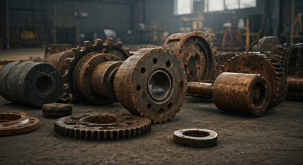 Close-up of rusty, old metal gears and machine parts, in a dimly lit industrial space