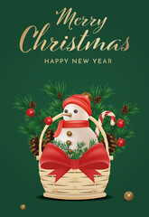 Cute snowman sitting inside a wicker basket with festive decorations and red ribbon, cozy Christmas illustration for holiday greeting card design. Christmas Vector Illustration Poster Design