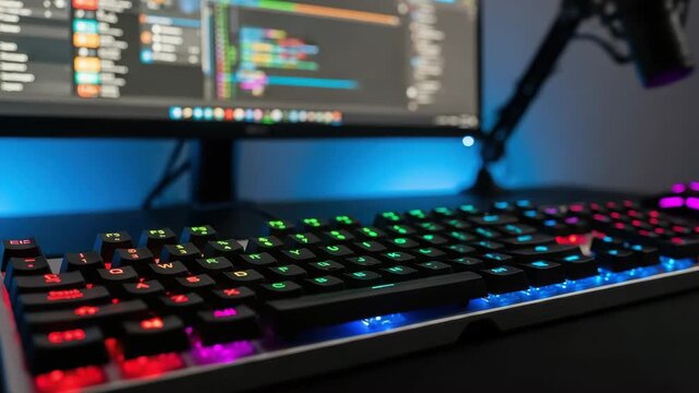 Closeup of a backlit mechanical keyboard with colorful rgb lighting in front of a computer monitor displaying code