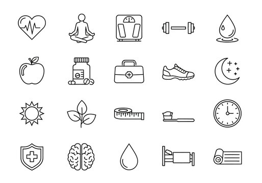 Health and Wellness Icon Set: Fitness Nutrition and Self-Care Line Art.