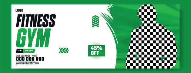 Muscular man holding dumbbell in fitness gym advertisement with green and white design and promotional offers.
Muscular man in gym with fitness promotion and discount offer for training services.
