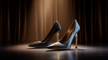 Elegant High Heels on Stage: A pair of sleek, stylish high heels under the dramatic glow of a spotlight, their form silhouetted against a rich, dark backdrop.