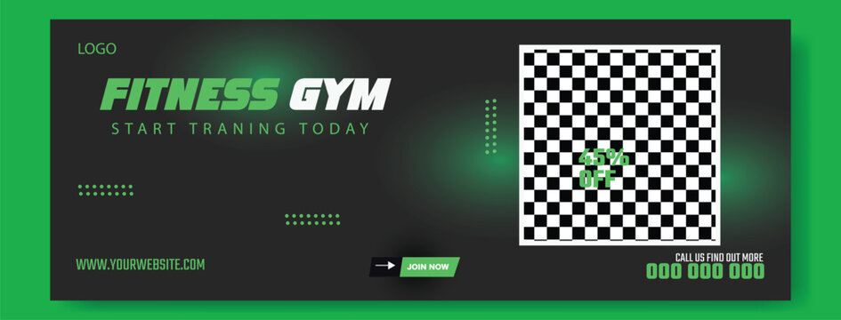 Muscular man holding dumbbell in fitness gym advertisement with green and white design and promotional offers.
Muscular man in gym with fitness promotion and discount offer for training services.