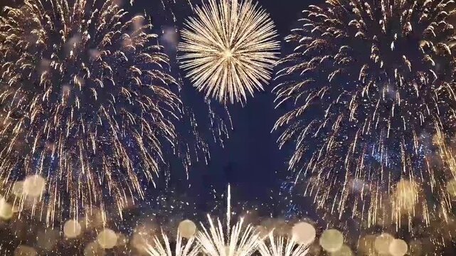 A stunning display of vibrant fireworks bursts across the dark night sky, illuminating the scene with brilliant golden and sparkling blue explosions. Dazzling light streaks upward and outward, creatin