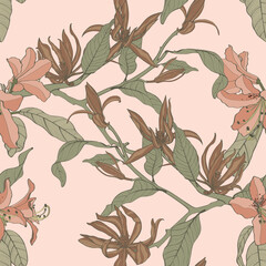 Vector floral seamless pattern of magnolia branches and flowers. Romantic elegant simple line background.