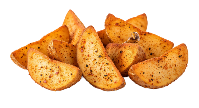 A scrumptious pile of seasoned potato wedges, baked to golden perfection. Perfect for dipping and sharing, or simply enjoying!