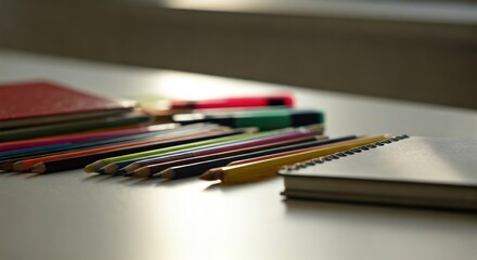 Colorful pencils and notebooks on a white surface with window light