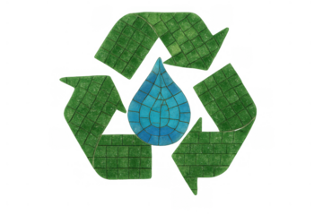 Green recycling symbol and blue water drop mosaic representing environmental sustainability and water conservation