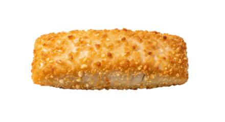 Golden-brown, crispy fish fillet is displayed in a center shot, showcasing its texture and appetizing look against transparent background.