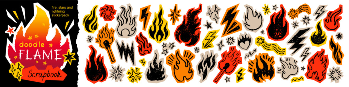 Fire, flame, lightning and star brush vector. Grafitti hand drawn bolt fire star scribble doodle Illustration. Chalk background, music collage. Marker crayon brush Sketch icon. Flame and lightning bg