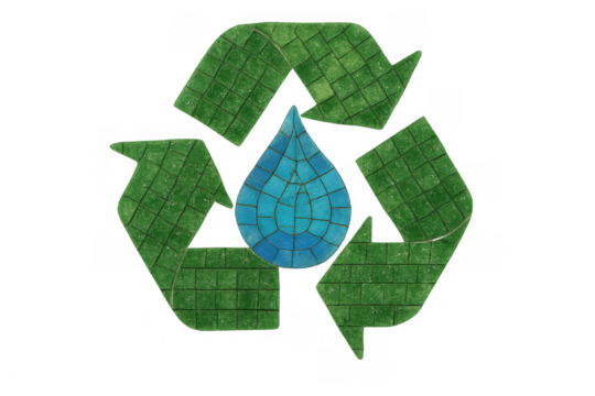 Green recycling symbol and blue water drop mosaic representing environmental sustainability and water conservation
