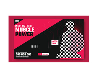 Muscular man holding dumbbell in fitness gym advertisement with green and white design and promotional offers.
Muscular man in gym with fitness promotion and discount offer for training services.