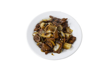 Beef with onions stir-fry on white plate