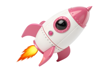 Cartoon rocket ship with pink accents blasting off isolated on transparent background