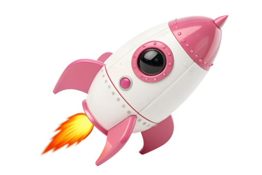 Cartoon rocket ship with pink accents blasting off isolated on transparent background