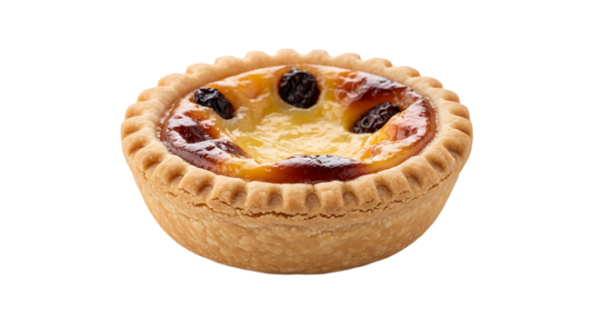 Golden brown custard tart, crusty edges, and dark raisins on top, a delightful treat to enjoy any time of the day.