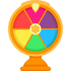 Colorful Spinning Wheel of Fortune with Multiple Segments and a Central Pointer Against a Transparent Background
