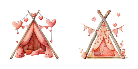 tent camp with valentine decoration watercolor vector illustration © Dar