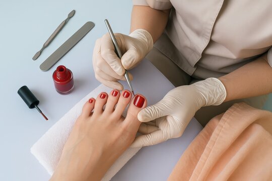Professional nail technician meticulously applies vibrant red polish with precision to healthy toenails during a luxurious spa pedicure service