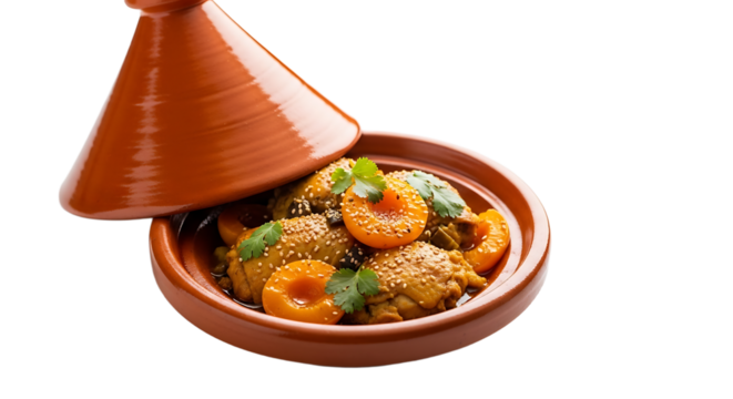 A ceramic tagine featuring chicken, apricots, and cilantro, served in a earthenware pot with the lid partially open.