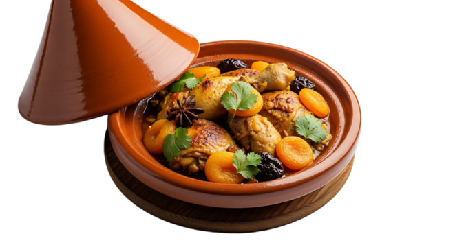A culinary masterpiece presented in a tagine, features savory chicken,sweet apricots, and aromatic spices for a tasty delight.