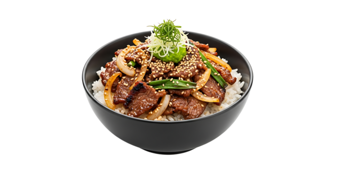 A savory rice bowl topped with grilled beef, onions, and sesame seeds. Garnished with green onions and pickled ginger.