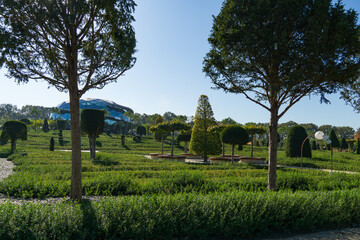 Landscaped city park Krasnodar or 'Galitsky park' with manicured hedges, topiary trees, and gravel paths, featuring modern glass-domed structure in background under clear blue sky