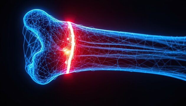 Striking bone fracture illustration with glowing red injury point, perfect for medical presentations and educational materials, impactful and memorable