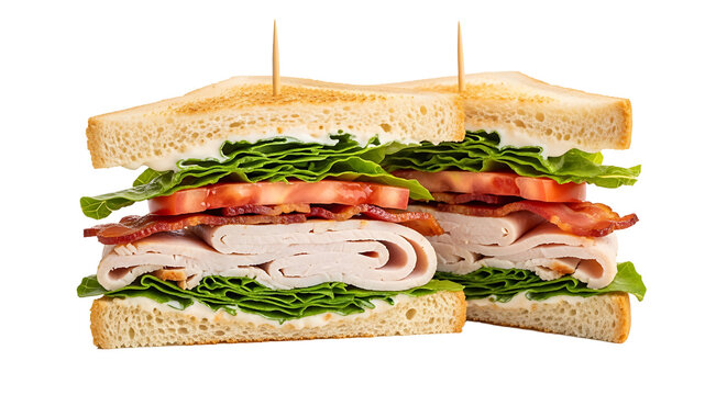 A close-up shot shows two turkey sandwiches with bacon, lettuce, and tomato, held together with toothpicks. Delicious!
