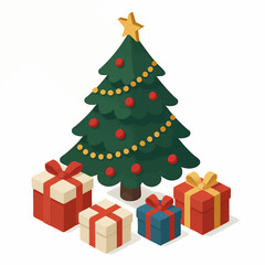 Naklejka premium decorated Christmas tree with garlands, ornaments, a star on top, and wrapped gift boxes underneath. Isometric Generative ai vector colorful illustration.