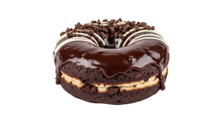 Indulge in a decadent chocolate donut, a delightful treat adorned with rich frosting and enticing chocolate shavings.