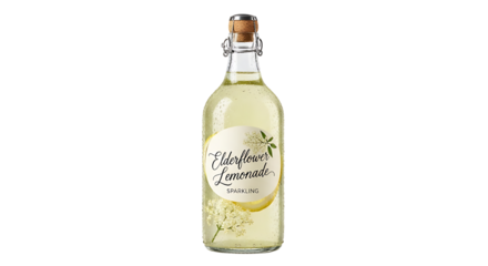 A glass bottle of sparkling elderflower lemonade, featuring a unique swing top closure and refreshing summer drink.