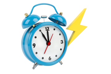 Blue alarm clock with yellow lightning bolt isolated on transparent background