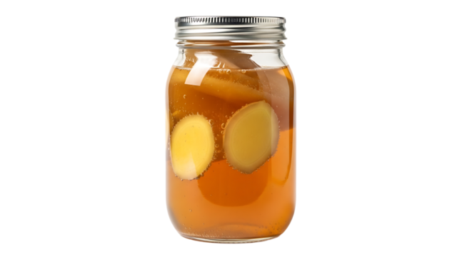 A mason jar filled with an amber-colored liquid and ginger slices, perfect for a healthy, homemade beverage.