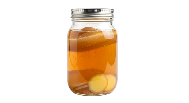A jar with kombucha and ginger slices ferments for a naturally fizzy, probiotic-rich, tasty and healthy beverage.