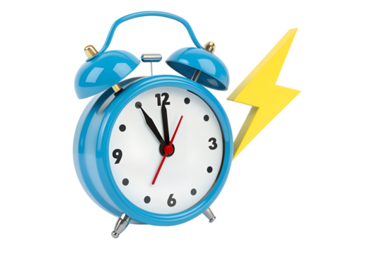 Blue alarm clock with yellow lightning bolt isolated on transparent background - Powered by Adobe