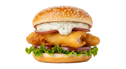 Delectable fish burger with crispy fried fish, lettuce, tomato, onion, and tartar sauce on a sesame seed bun.