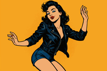 Fototapeta na wymiar Pop art illustration of a joyful woman dancing in a leather jacket and shorts, set against a bold orange background. Generative ai vector colorful pop art illustration.
