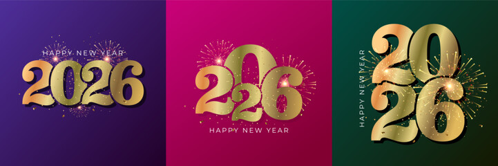 A golden three card set design for Happy New Year 2026 with a vibrant fireworks background.