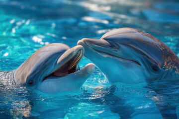 Two dolphins touching heads in blue water pool