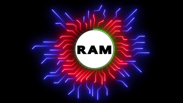 RAM neon light glowing circuit board animation computer random access memory graphic concept